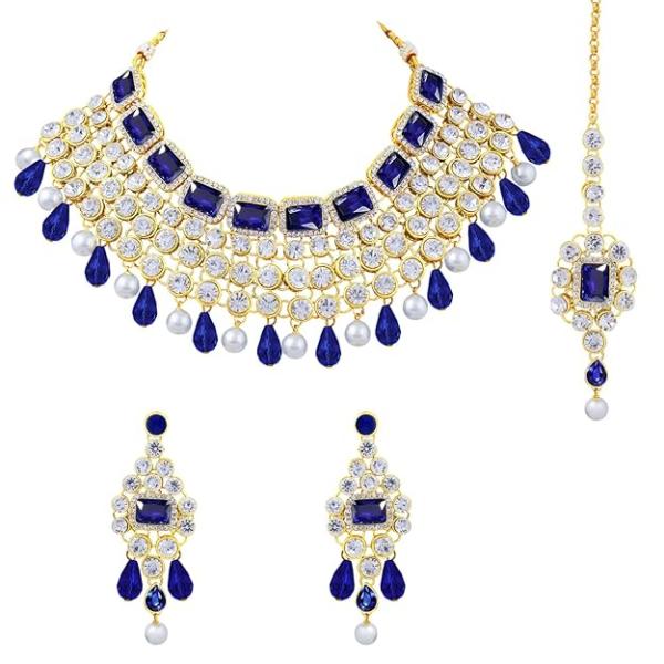 Crystal Choker Necklace with Maang Tikka Earrings Indian Traditional Bridal Wedding Jewellery Set for Women