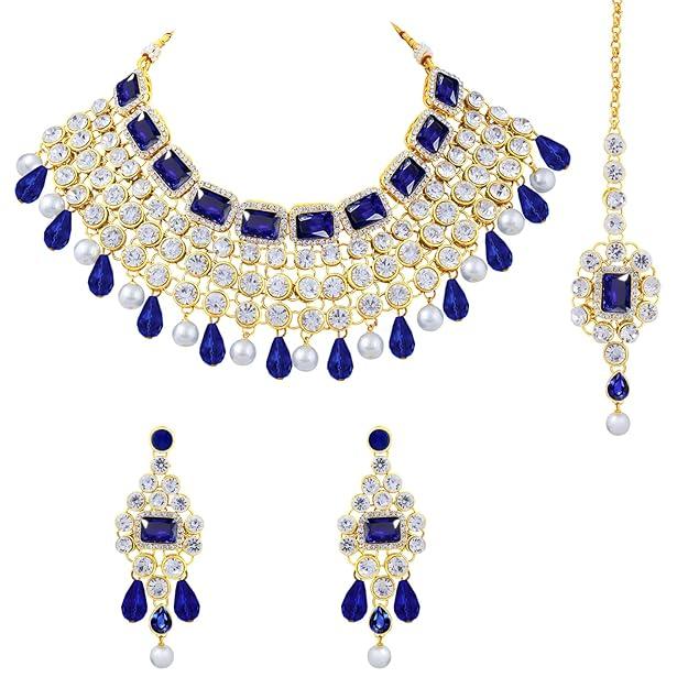 Crystal Choker Necklace with Maang Tikka Earrings Indian Traditional Bridal Wedding Jewellery Set for Women
