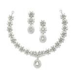 Rhodium-Plated with Silver-Toned Floral Design White American Diamond Studded Jewellery Set
