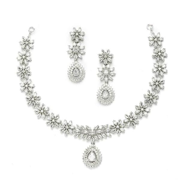 Rhodium-Plated with Silver-Toned Floral Design White American Diamond Studded Jewellery Set