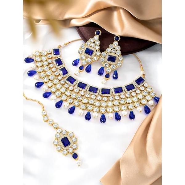 Crystal Choker Necklace with Maang Tikka Earrings Indian Traditional Bridal Wedding Jewellery Set for Women