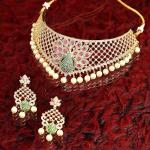 Gold Plated White & Red American Diamond Studded With Drop Pearl Beaded Jewellery Set For Women & Girl