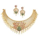 Gold Plated White & Red American Diamond Studded With Drop Pearl Beaded Jewellery Set For Women & Girl