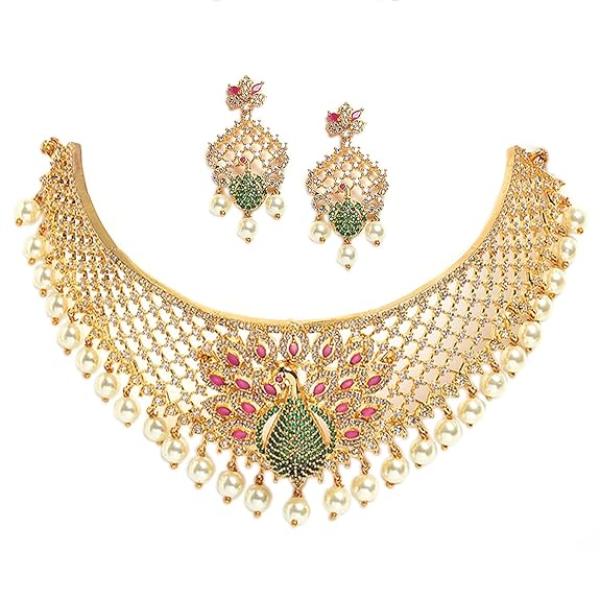 Gold Plated White & Red American Diamond Studded With Drop Pearl Beaded Jewellery Set For Women & Girl