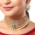 Gold Plated White & Red American Diamond Studded With Drop Pearl Beaded Jewellery Set For Women & Girl