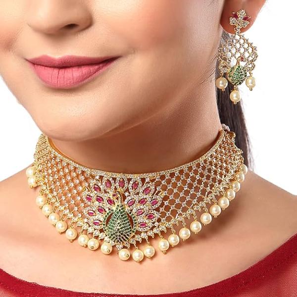 Gold Plated White & Red American Diamond Studded With Drop Pearl Beaded Jewellery Set For Women & Girl