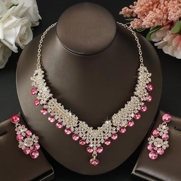 Stylish Design Fancy Wedding Party Crystal Diamonds Necklace Jewellery Set for Women