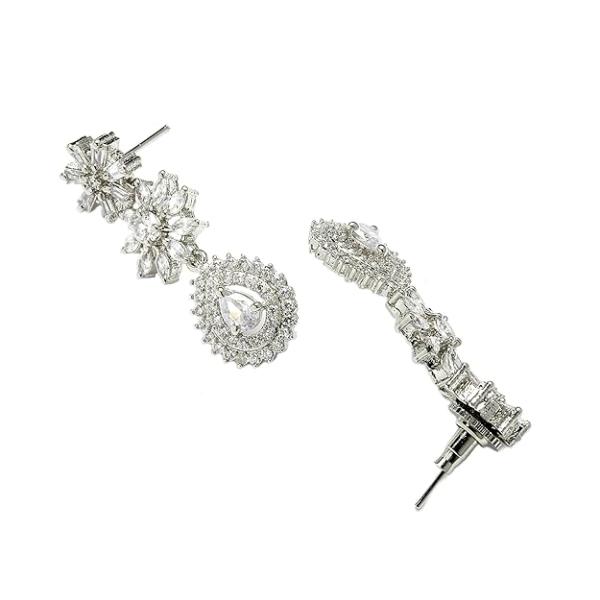 Rhodium-Plated with Silver-Toned Floral Design White American Diamond Studded Jewellery Set