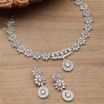 Rhodium-Plated with Silver-Toned Floral Design White American Diamond Studded Jewellery Set