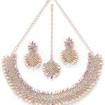 Rose Gold Plated Rainbow Collar Bone Necklace Set With Earring And Maangtika | Jewellery Set For Women