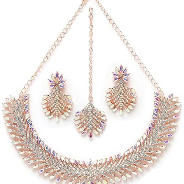 Rose Gold Plated Rainbow Collar Bone Necklace Set With Earring And Maangtika | Jewellery Set For Women