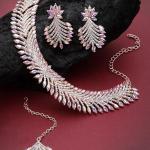 Rose Gold Plated Rainbow Collar Bone Necklace Set With Earring And Maangtika | Jewellery Set For Women