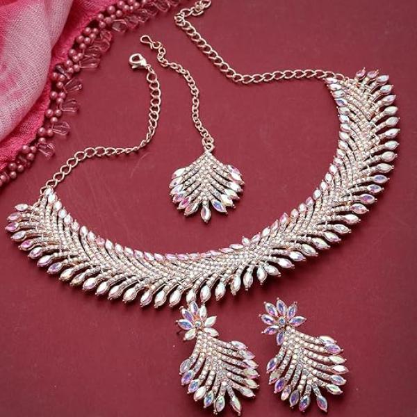 Rose Gold Plated Rainbow Collar Bone Necklace Set With Earring And Maangtika | Jewellery Set For Women