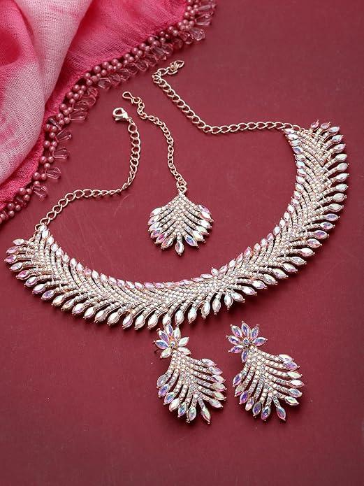 Rose Gold Plated Rainbow Collar Bone Necklace Set With Earring And Maangtika | Jewellery Set For Women