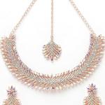 Rose Gold Plated Rainbow Collar Bone Necklace Set With Earring And Maangtika | Jewellery Set For Women