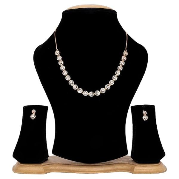 Silver Toned White American Diamond Studded Necklace With Earring Jewellery Set For Woment and Girl