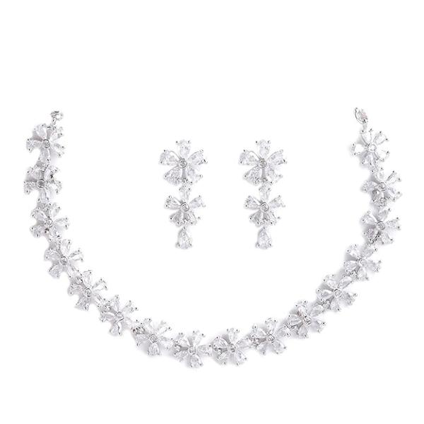 Silver Toned White American Diamond Studded Flower Shaped Jewellery Set For Girls and Women
