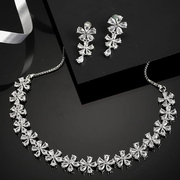 Silver Toned White American Diamond Studded Flower Shaped Jewellery Set For Girls and Women