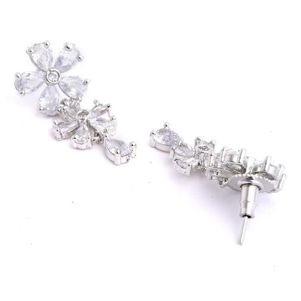 Silver Toned White American Diamond Studded Flower Shaped Jewellery Set For Girls and Women