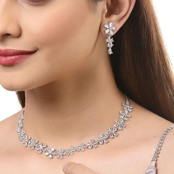 Silver Toned White American Diamond Studded Flower Shaped Jewellery Set For Girls and Women