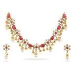 Gold Plated Ruby/Emerald Studded & White Pearl/CZ Beaded Necklace Set for Women & Girls – Festive & Wedding