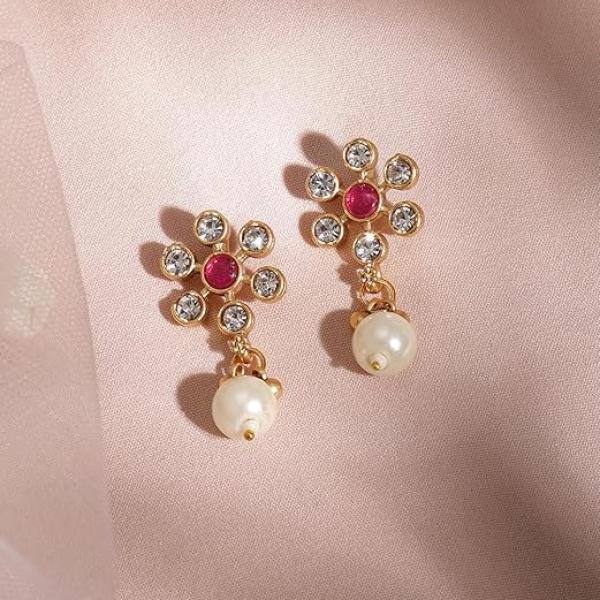 Gold Plated Ruby/Emerald Studded & White Pearl/CZ Beaded Necklace Set for Women & Girls – Festive & Wedding