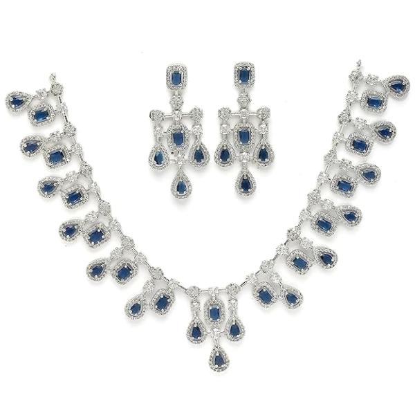 Silver Toned Square Shaped American Diamond Studded Necklace with Earring Jewellery Set for Girls and Women