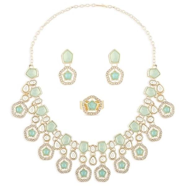 Mint Green Kundan Austrian Diamonds & Artificial Stones Embellished Necklace Earring & Ring Set For Women